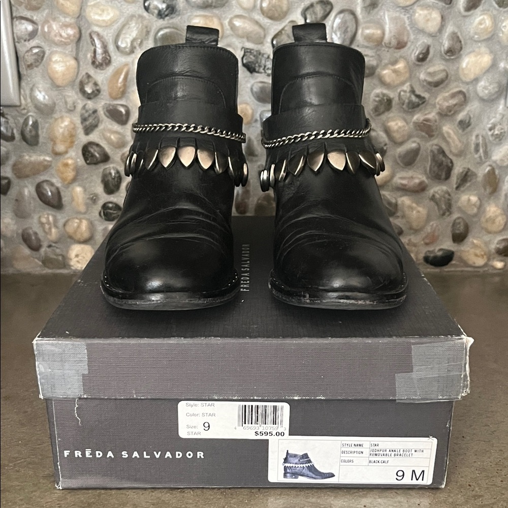 Freda Salvador Black Leather Ankle Boots with Silver Chain & Teardrop Accents - Picture 3 of 6